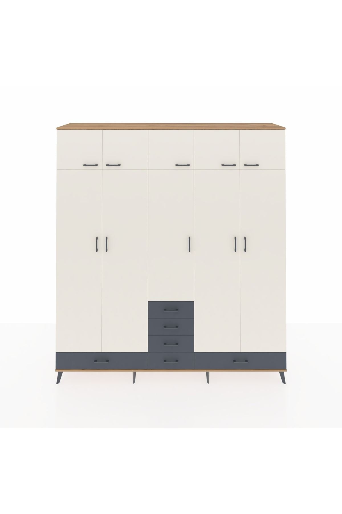 Hyperion Dolap 6 Raflı 6 Çekmeceli 4 Askılı 220x44x243 Çam-Aytaşı/Antrasit