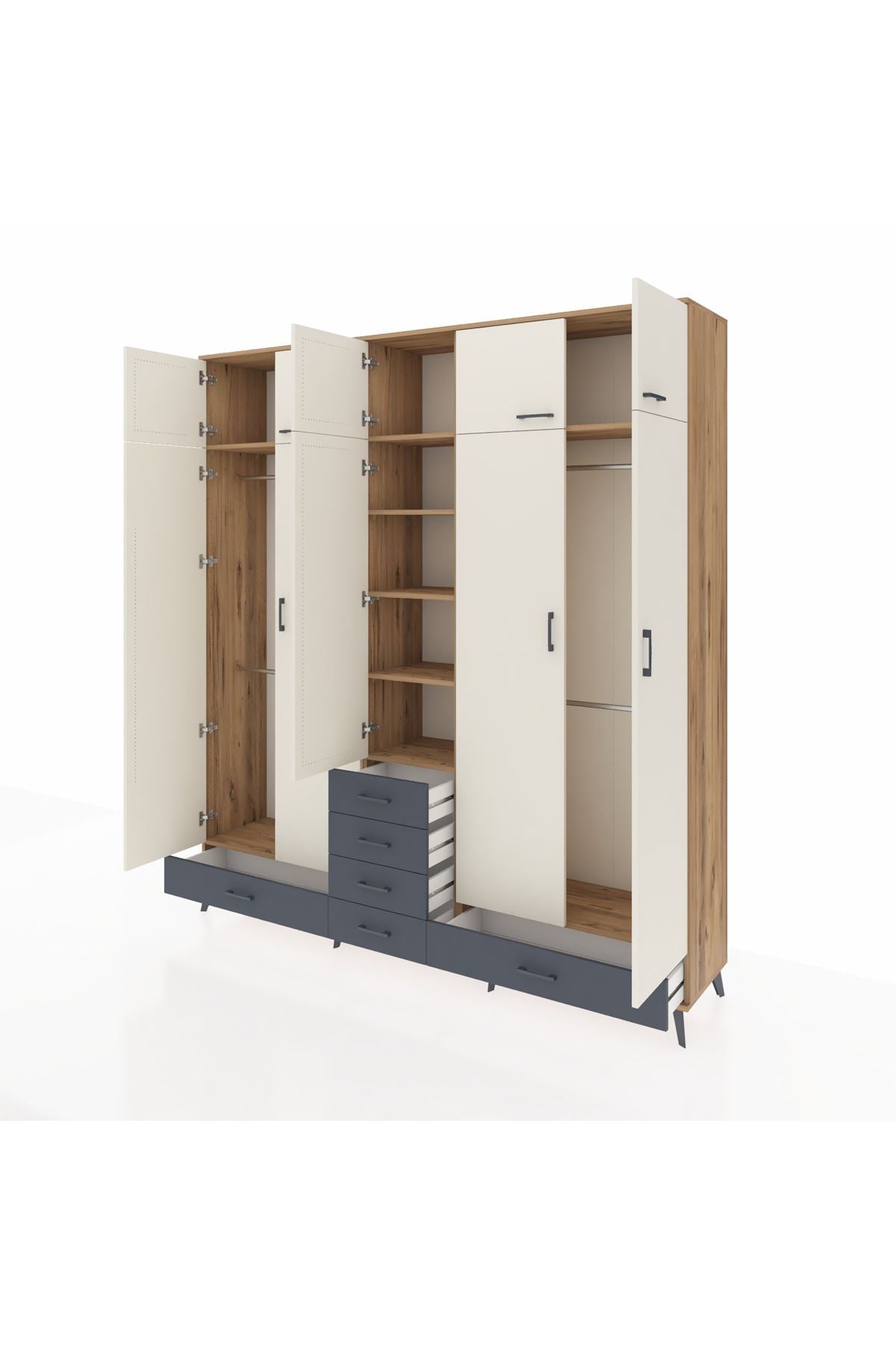 Hyperion Dolap 6 Raflı 6 Çekmeceli 4 Askılı 220x44x243 Çam-Aytaşı/Antrasit