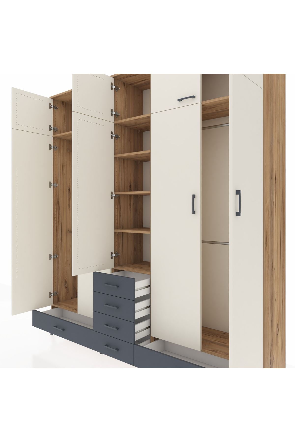 Hyperion Dolap 6 Raflı 6 Çekmeceli 4 Askılı 220x44x243 Çam-Aytaşı/Antrasit