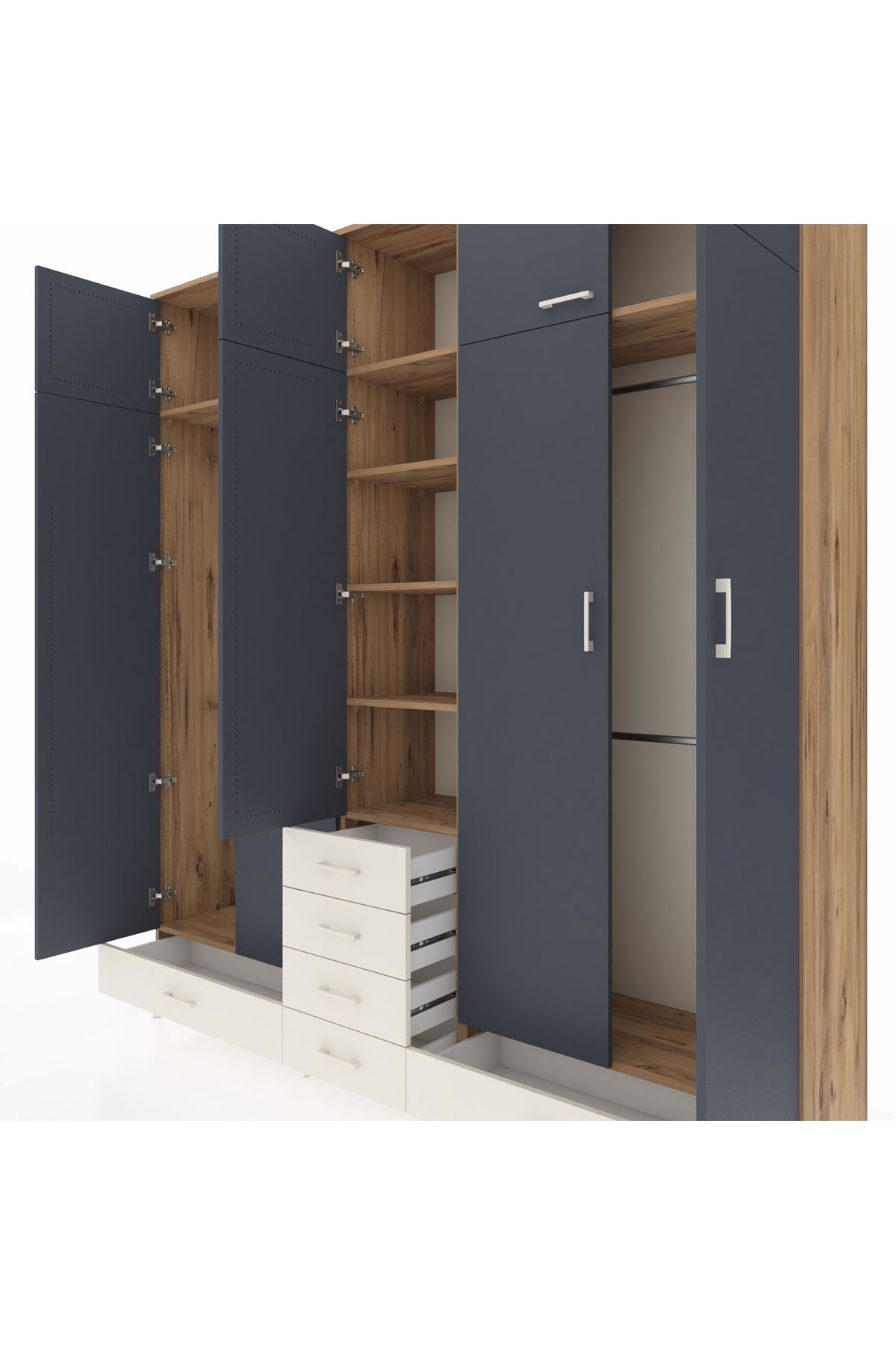 Hyperion Dolap 6 Raflı 6 Çekmeceli 4 Askılı 220x44x243 Çam-Antrasit/Aytaşı