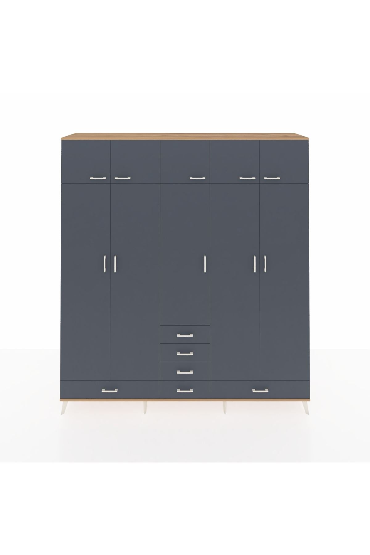 Hyperion Dolap 6 Raflı 6 Çekmeceli 4 Askılı 220x44x243 Çam-Antrasit/Antrasit