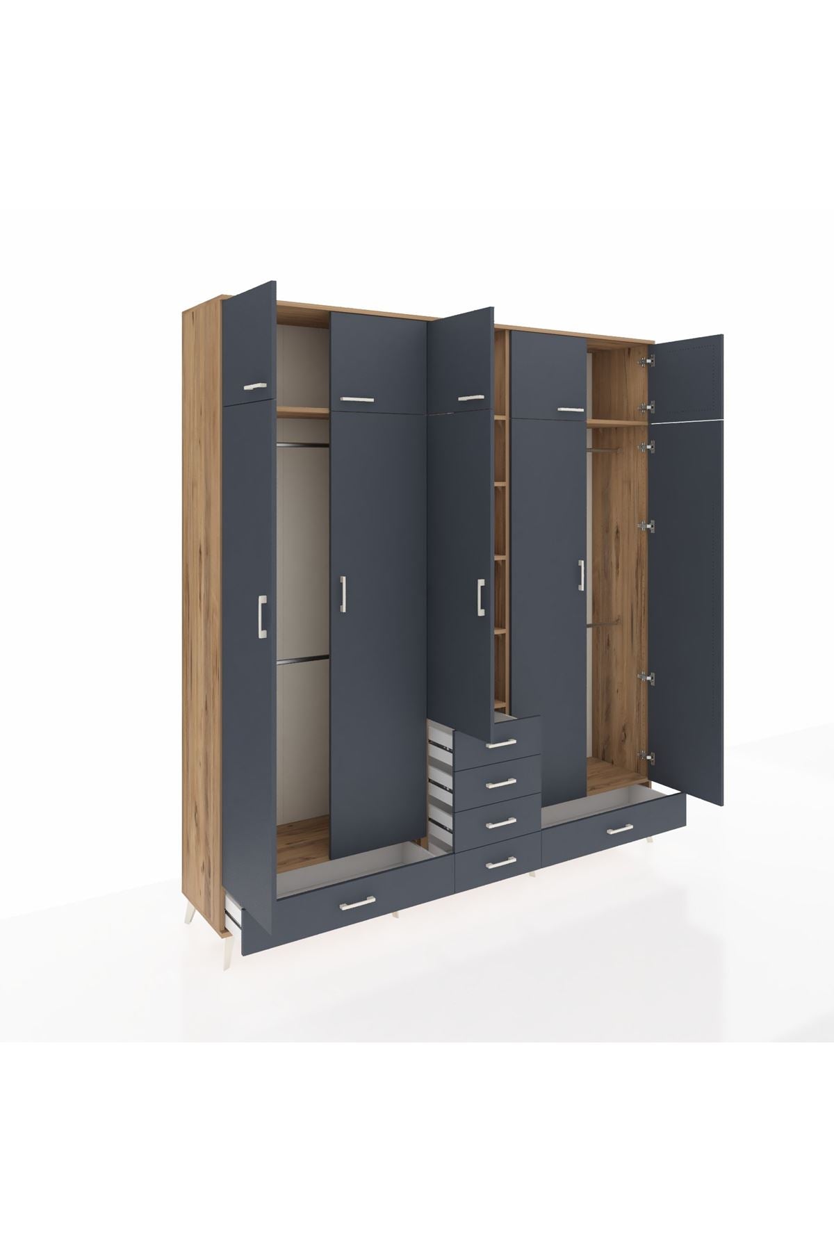 Hyperion Dolap 6 Raflı 6 Çekmeceli 4 Askılı 220x44x243 Çam-Antrasit/Antrasit