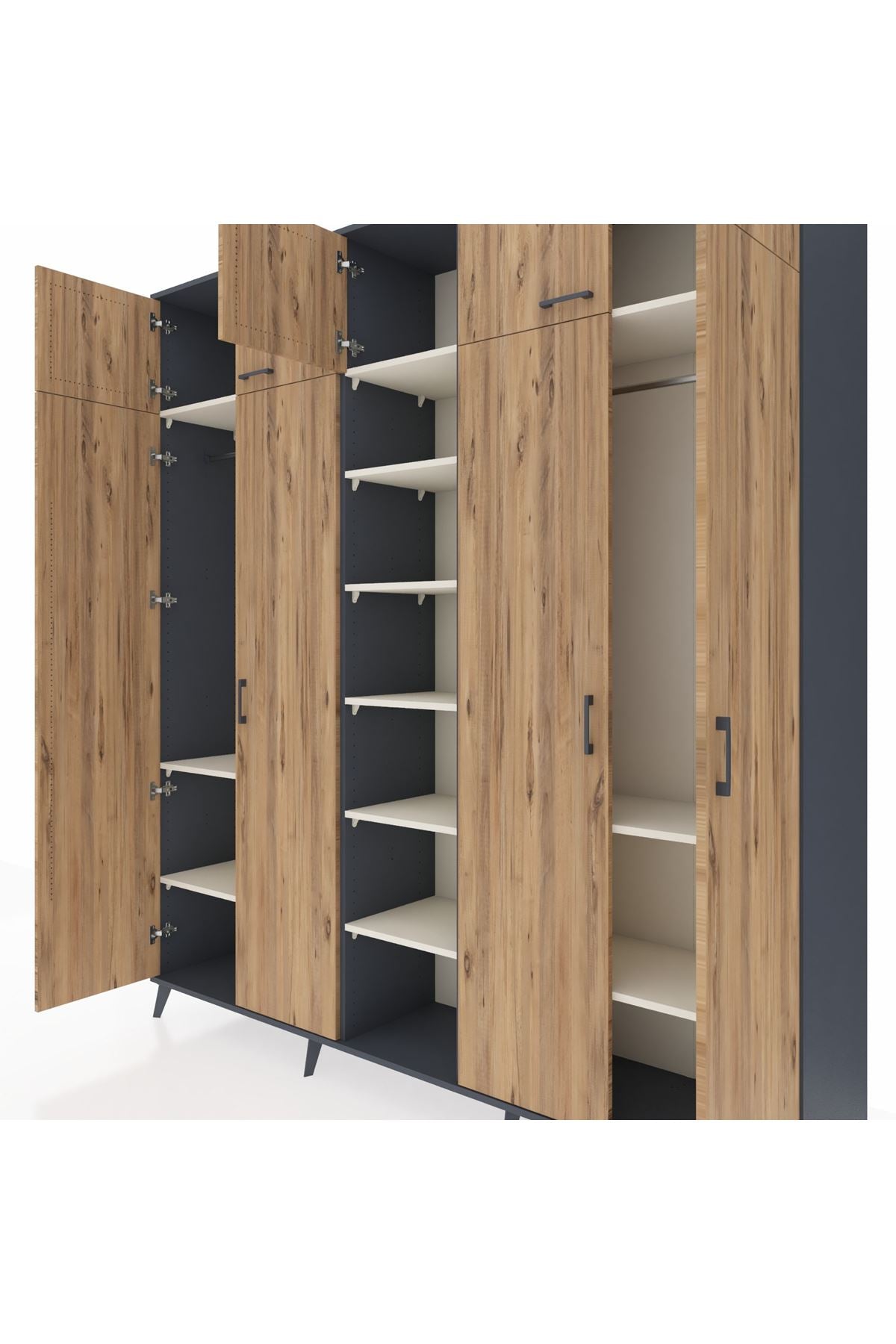 Hyperion Dolap 12 Raflı 9 Kapaklı 2 Askılı 220x44x243 Antrasit-Çam/Aytaşı