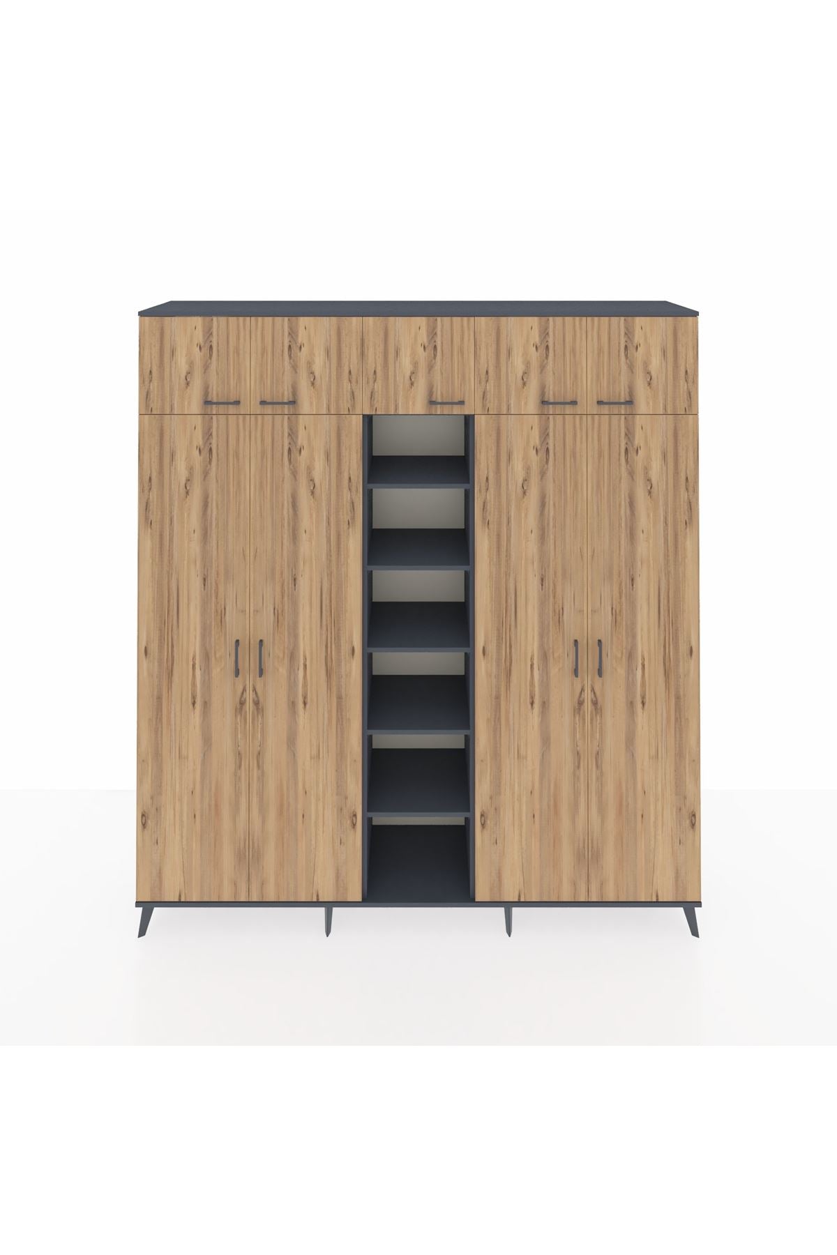 Hyperion Dolap 12 Raflı 9 Kapaklı 2 Askılı 220x44x243 Antrasit-Çam/Antrasit