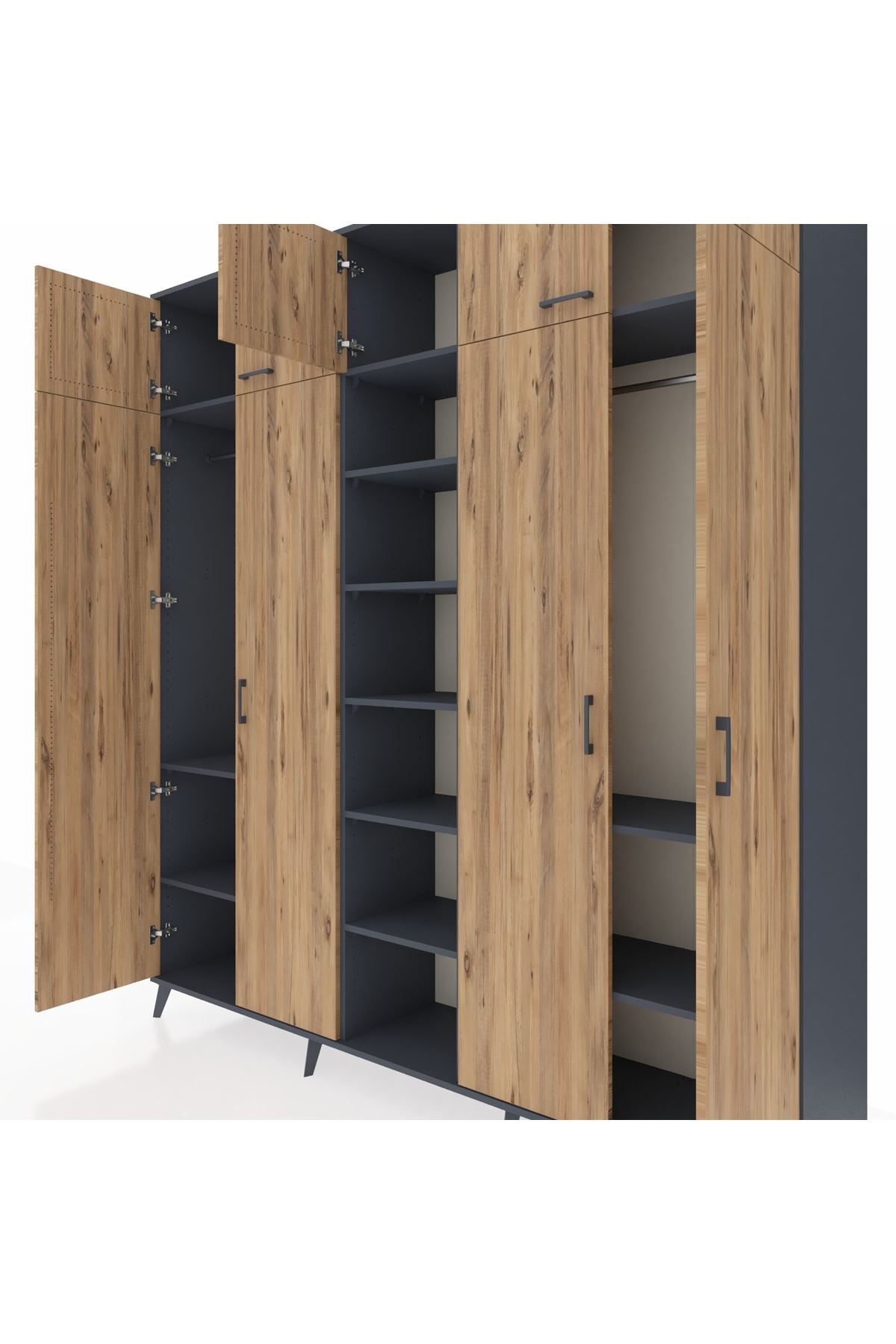 Hyperion Dolap 12 Raflı 9 Kapaklı 2 Askılı 220x44x243 Antrasit-Çam/Antrasit