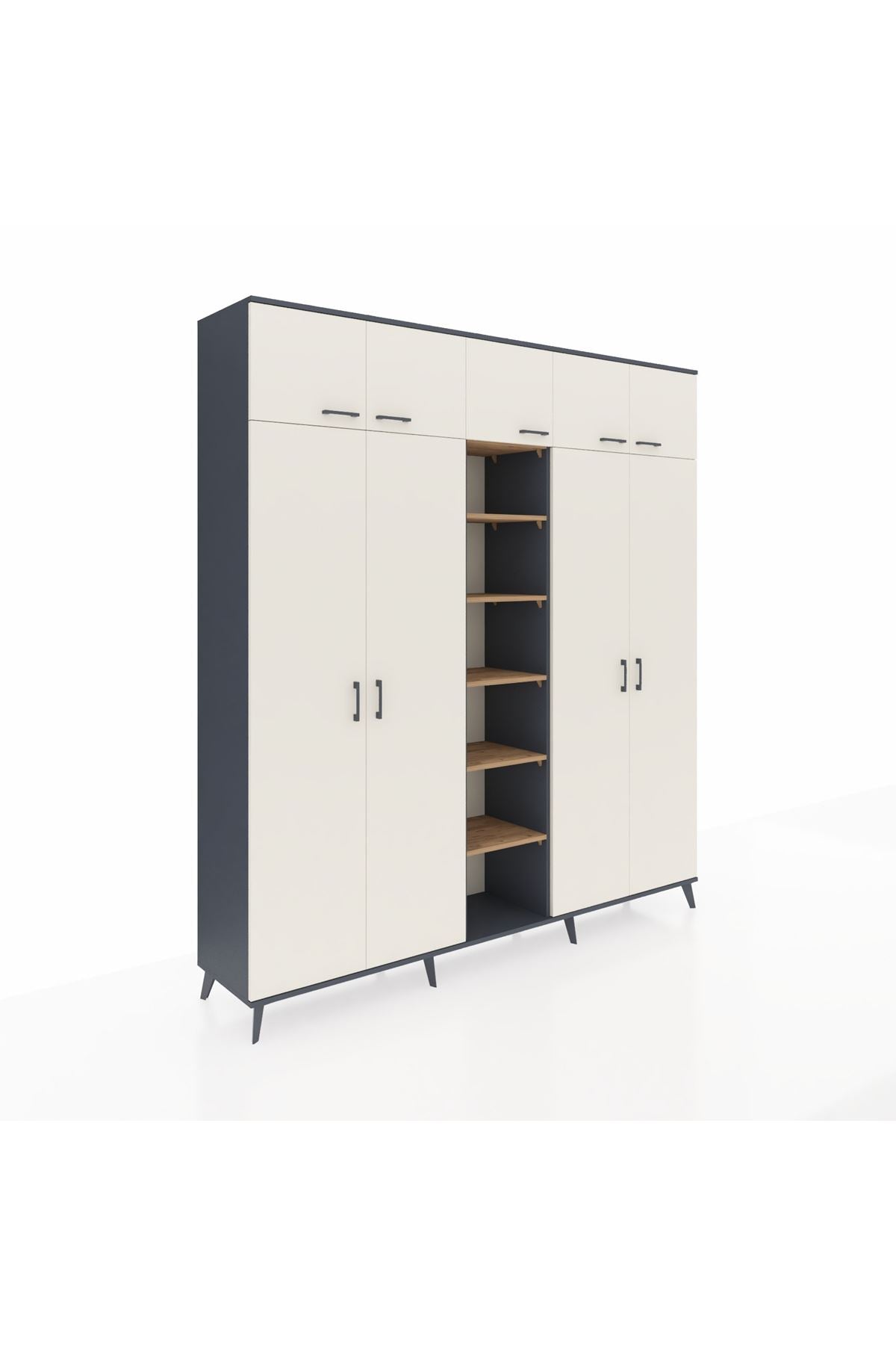 Hyperion Dolap 12 Raflı 9 Kapaklı 2 Askılı 220x44x243 Antrasit-Aytaşı/Çam