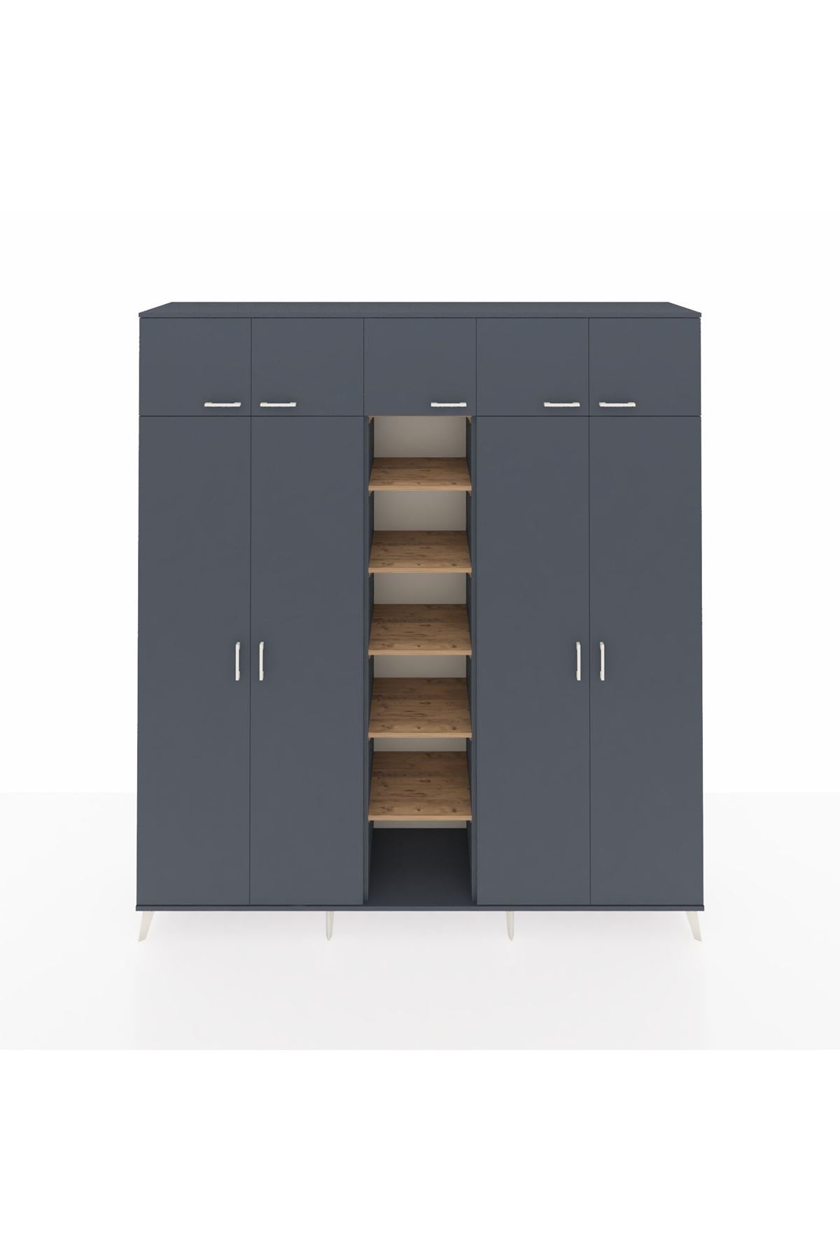 Hyperion Dolap 12 Raflı 9 Kapaklı 2 Askılı 220x44x243 Antrasit-Antrasit/Çam