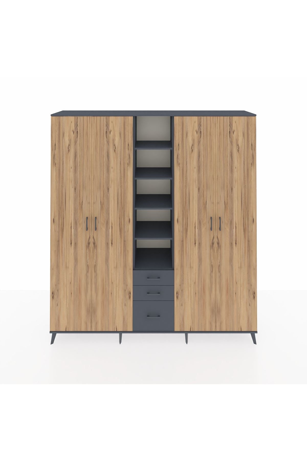 Hyperion Dolap 17 Raflı 3 Çekmeceli 4 Kapaklı 220x44x243 Antrasit-Çam/Antrasit