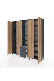 Hyperion Dolap 17 Raflı 3 Çekmeceli 4 Kapaklı 220x44x243 Antrasit-Çam/Antrasit