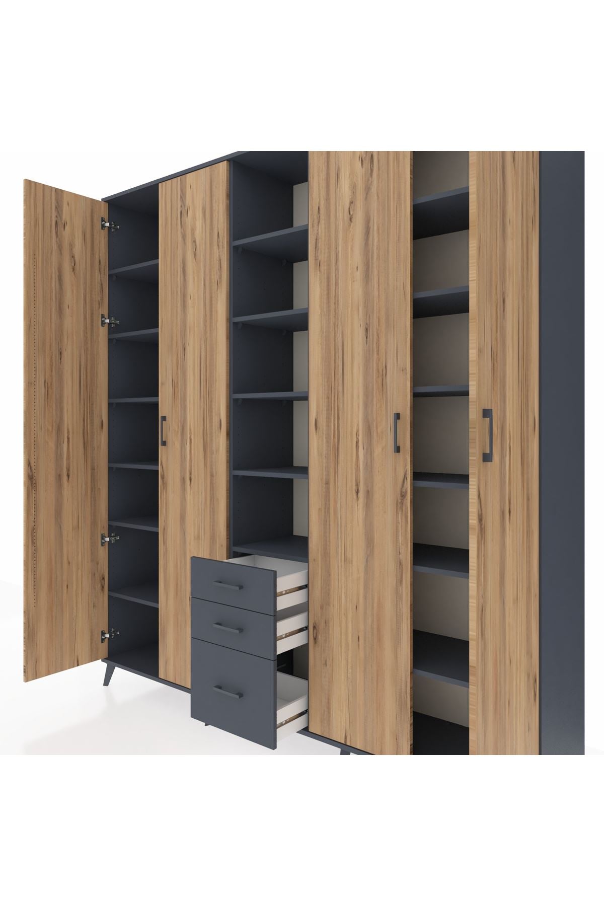 Hyperion Dolap 17 Raflı 3 Çekmeceli 4 Kapaklı 220x44x243 Antrasit-Çam/Antrasit