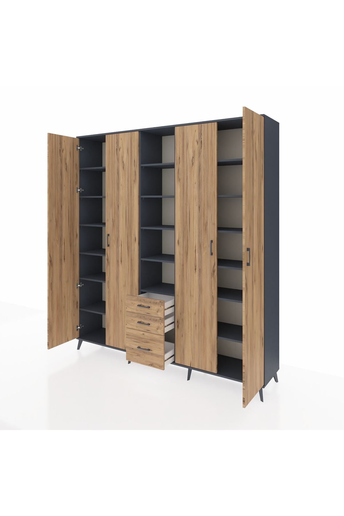 Hyperion Dolap 17 Raflı 3 Çekmeceli 4 Kapaklı 220x44x243 Antrasit-Çam/Çam