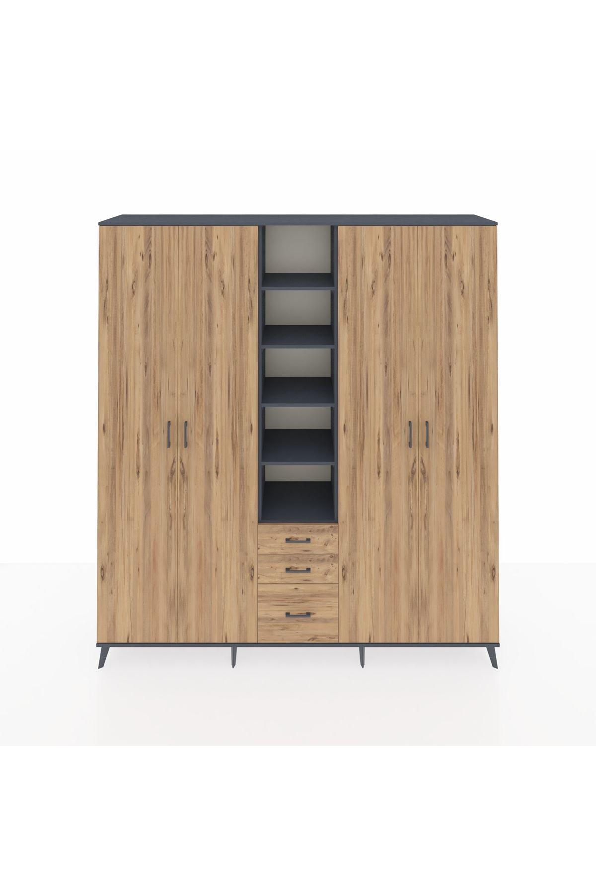 Hyperion Dolap 17 Raflı 3 Çekmeceli 4 Kapaklı 220x44x243 Antrasit-Çam/Çam