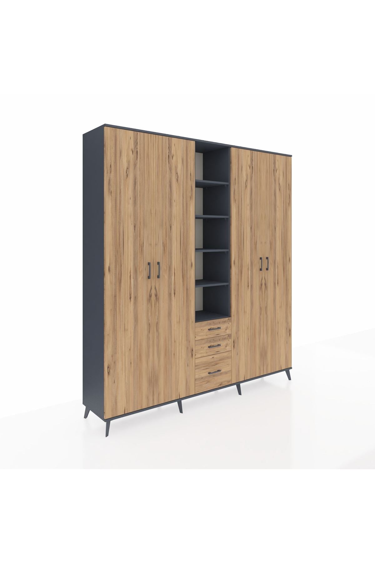 Hyperion Dolap 17 Raflı 3 Çekmeceli 4 Kapaklı 220x44x243 Antrasit-Çam/Çam