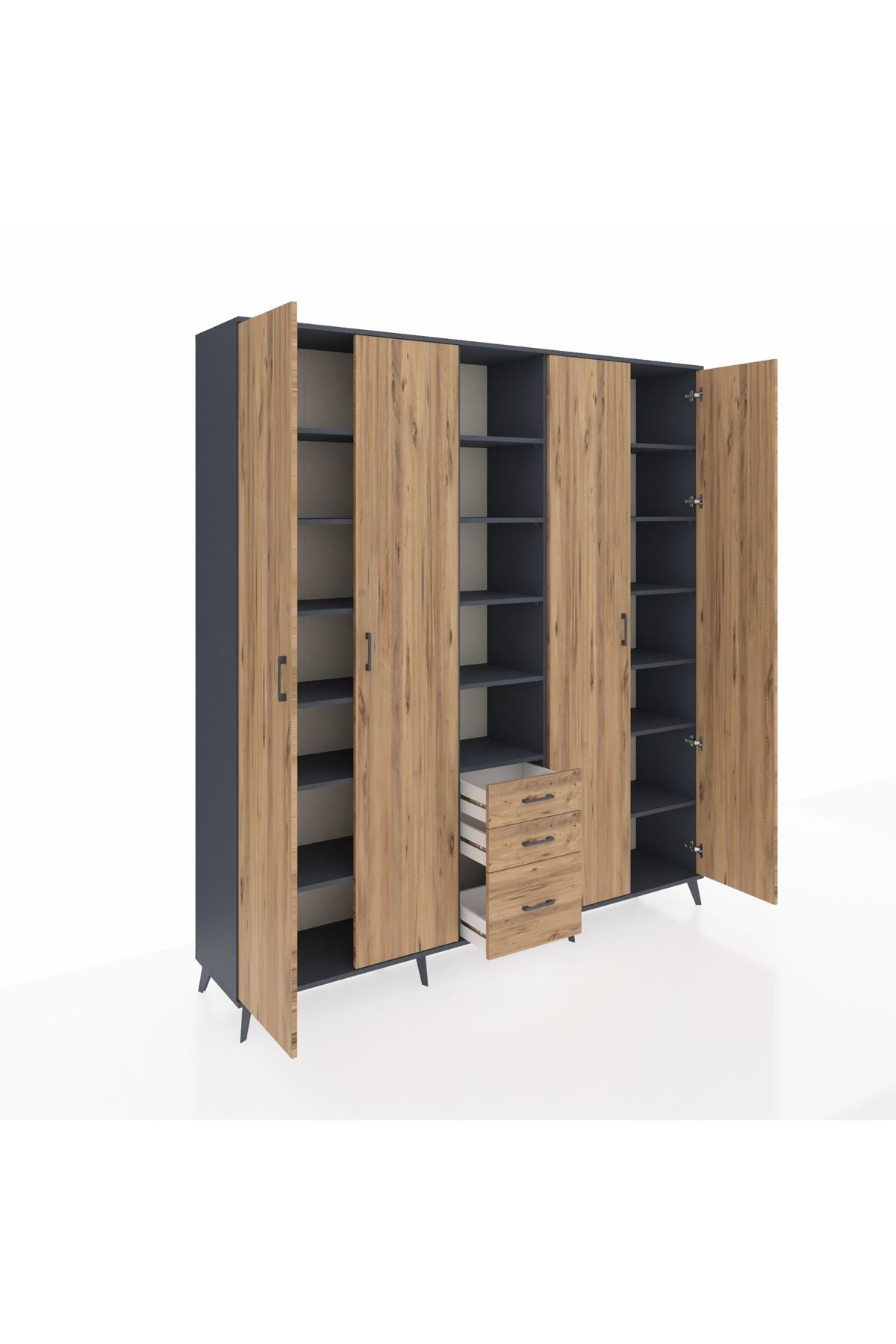 Hyperion Dolap 17 Raflı 3 Çekmeceli 4 Kapaklı 220x44x243 Antrasit-Çam/Çam