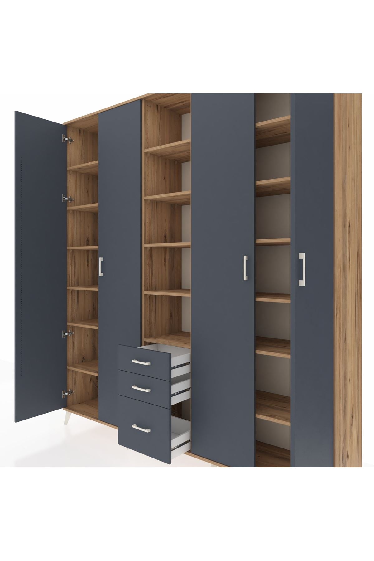 Hyperion Dolap 17 Raflı 3 Çekmeceli 4 Kapaklı 220x44x243 Çam-Antrasit/Antrasit