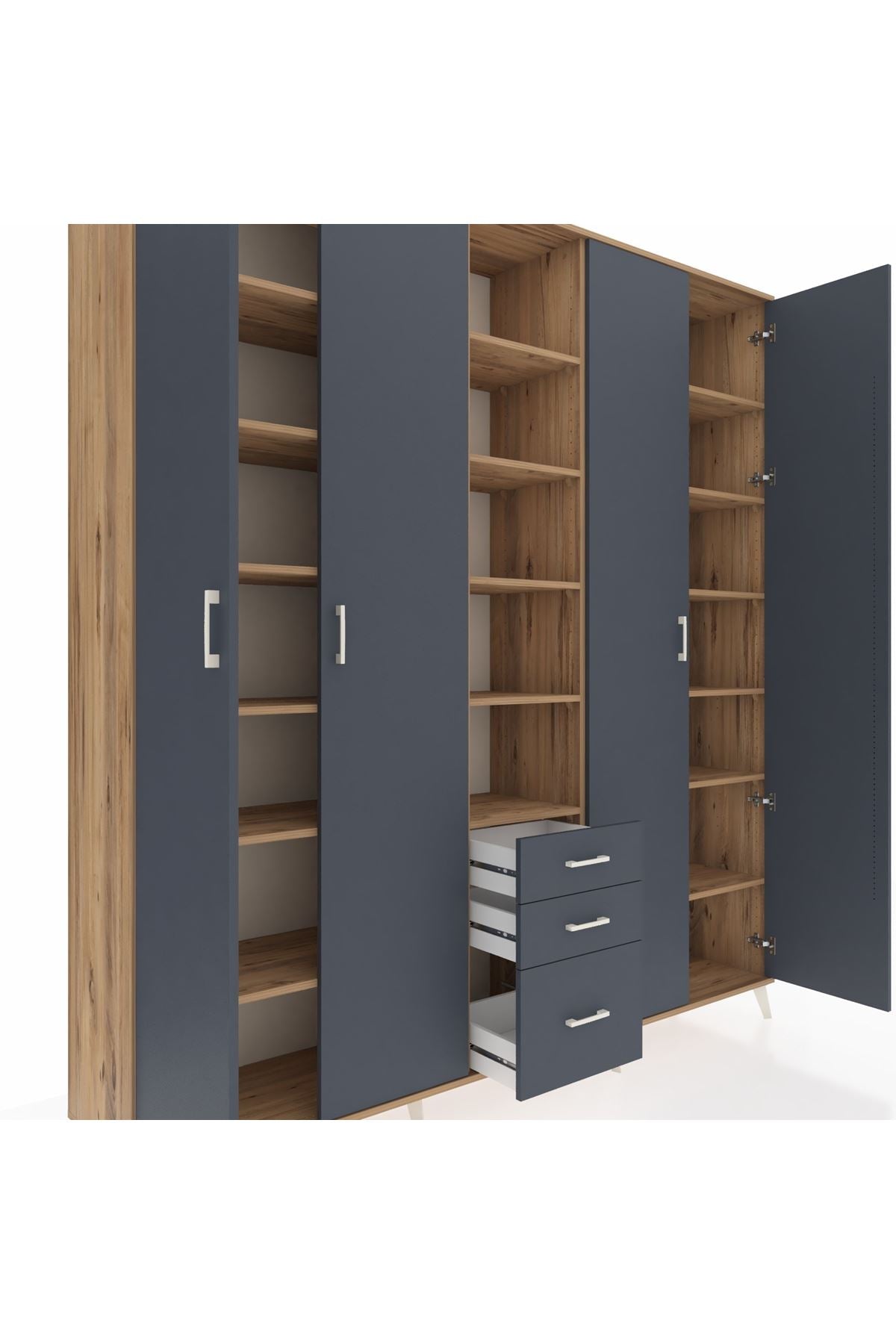 Hyperion Dolap 17 Raflı 3 Çekmeceli 4 Kapaklı 220x44x243 Çam-Antrasit/Antrasit