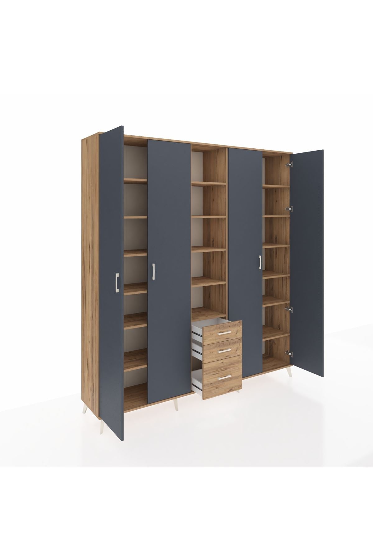 Hyperion Dolap 17 Raflı 3 Çekmeceli 4 Kapaklı 220x44x243 Çam-Antrasit/Çam