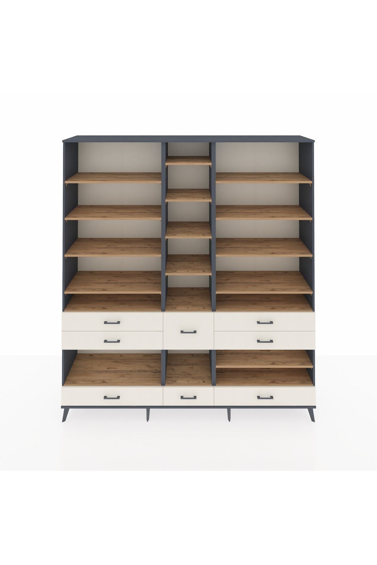 Hyperion Dolap 19 Raflı 8 Çekmeceli 220x44x243 Antrasit-Çam/Aytaşı