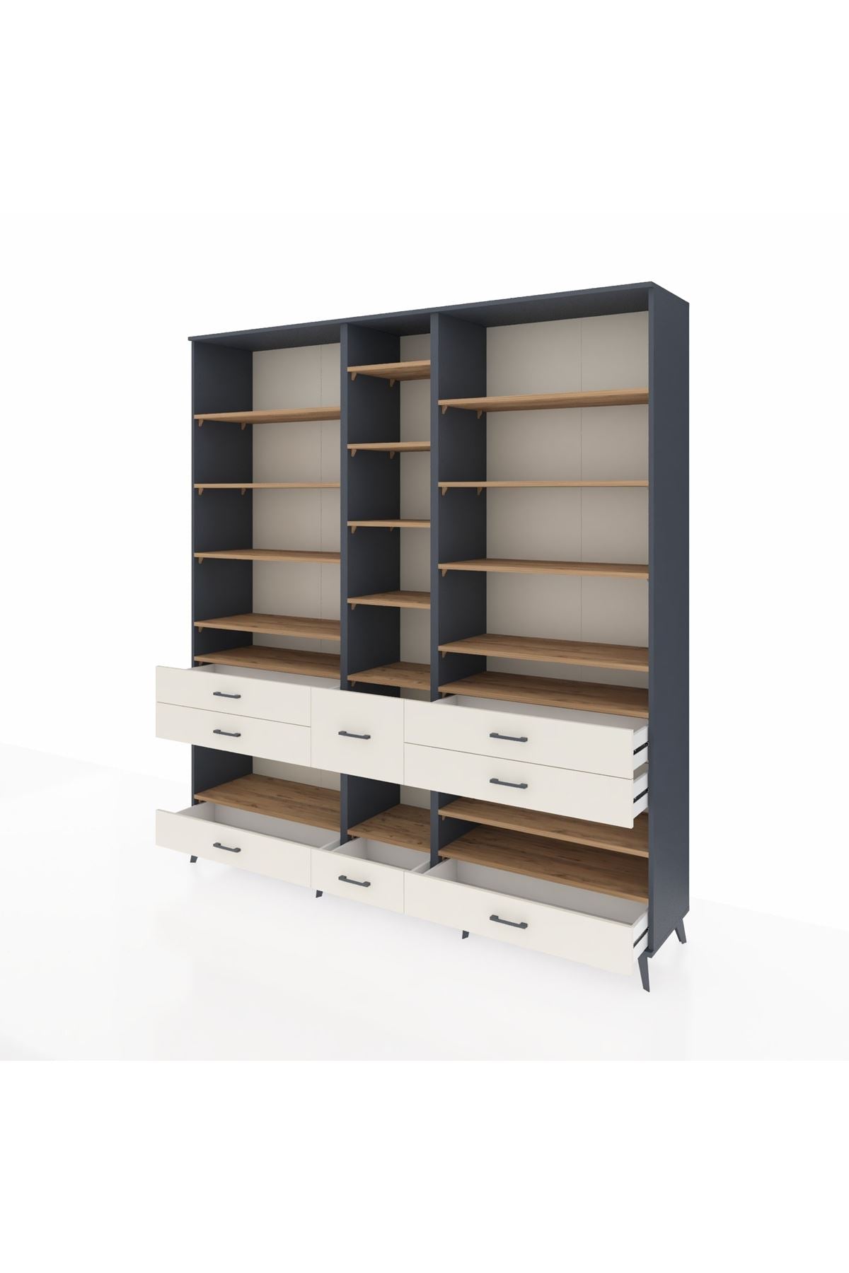 Hyperion Dolap 19 Raflı 8 Çekmeceli 220x44x243 Antrasit-Çam/Aytaşı