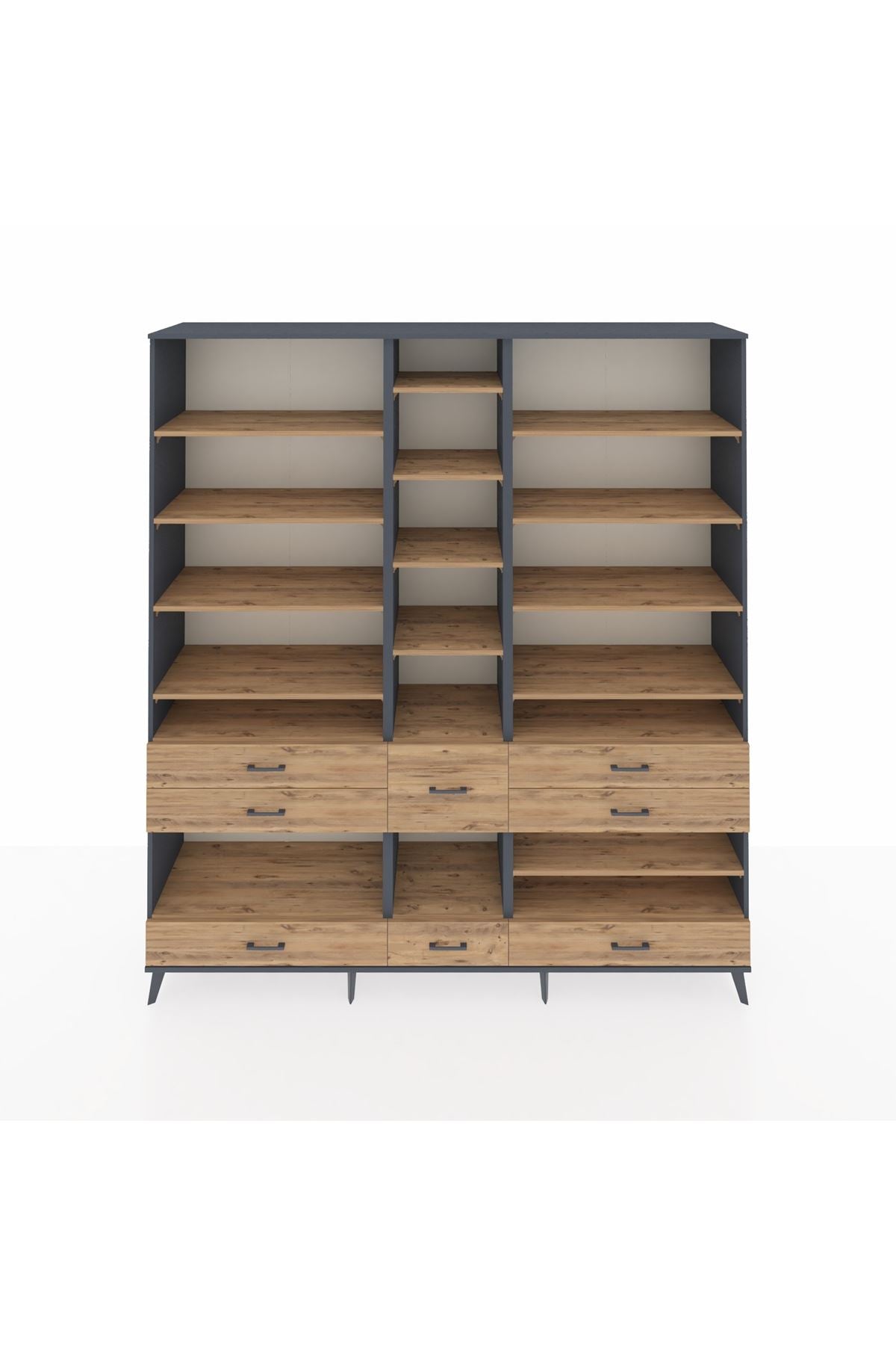 Hyperion Dolap 19 Raflı 8 Çekmeceli 220x44x243 Antrasit-Çam/Çam