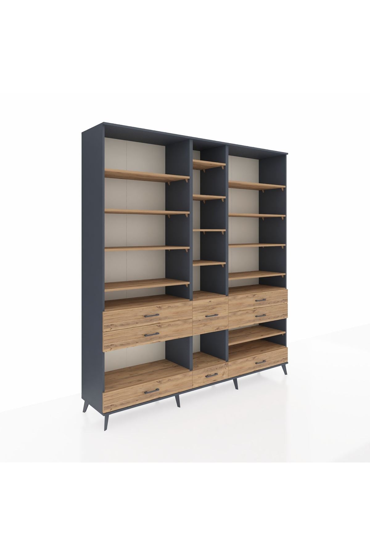 Hyperion Dolap 19 Raflı 8 Çekmeceli 220x44x243 Antrasit-Çam/Çam