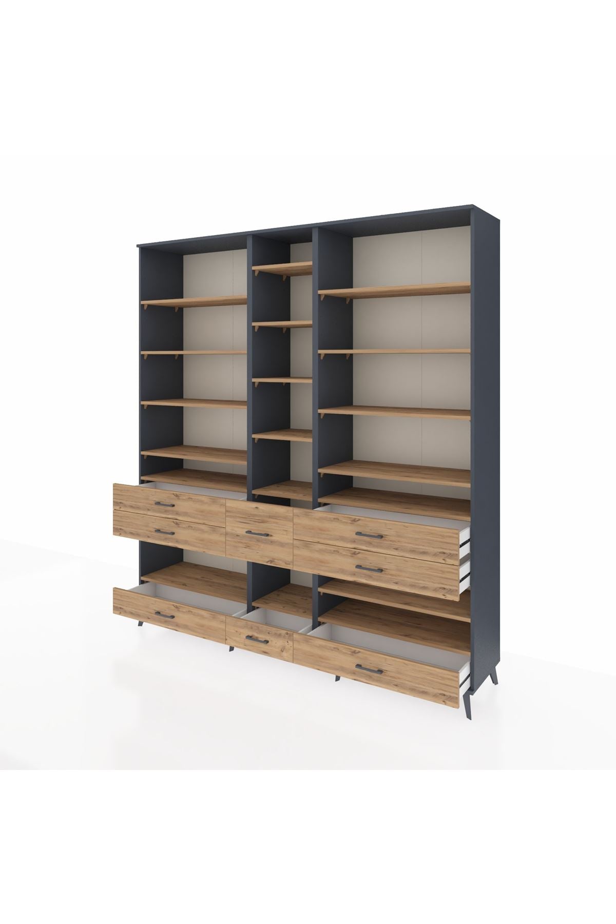 Hyperion Dolap 19 Raflı 8 Çekmeceli 220x44x243 Antrasit-Çam/Çam