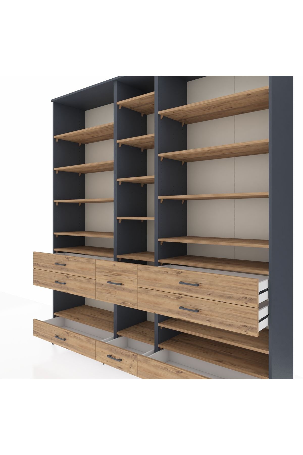 Hyperion Dolap 19 Raflı 8 Çekmeceli 220x44x243 Antrasit-Çam/Çam