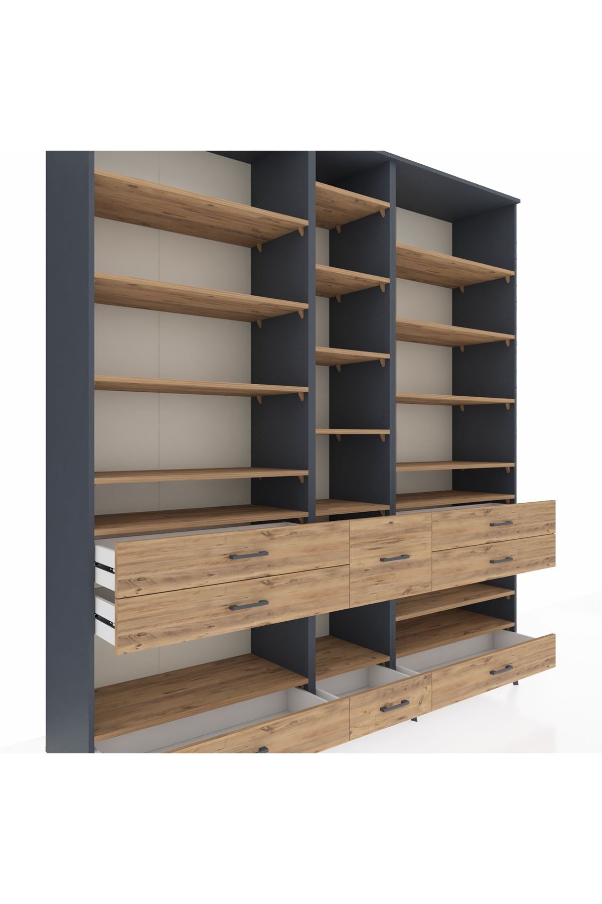 Hyperion Dolap 19 Raflı 8 Çekmeceli 220x44x243 Antrasit-Çam/Çam