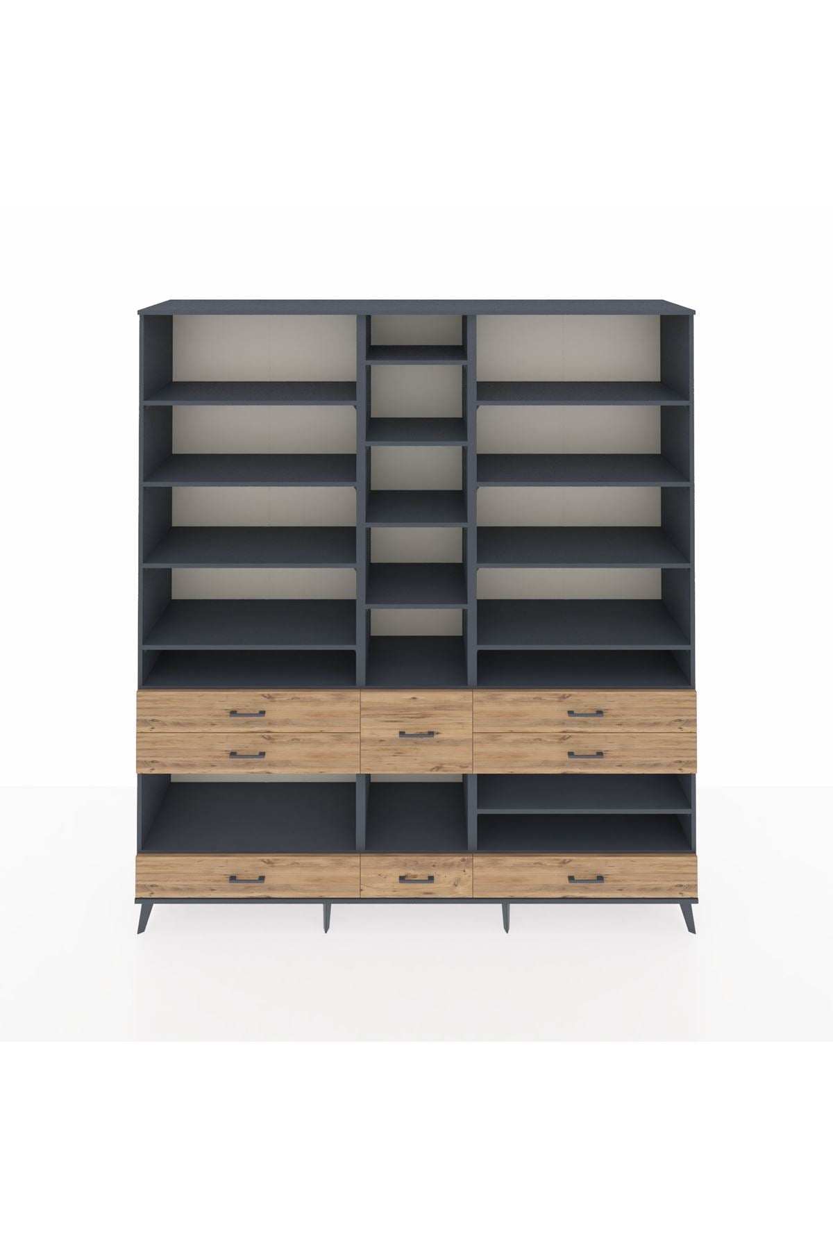 Hyperion Dolap 19 Raflı 8 Çekmeceli 220x44x243 Antrasit-Antrasit/Çam