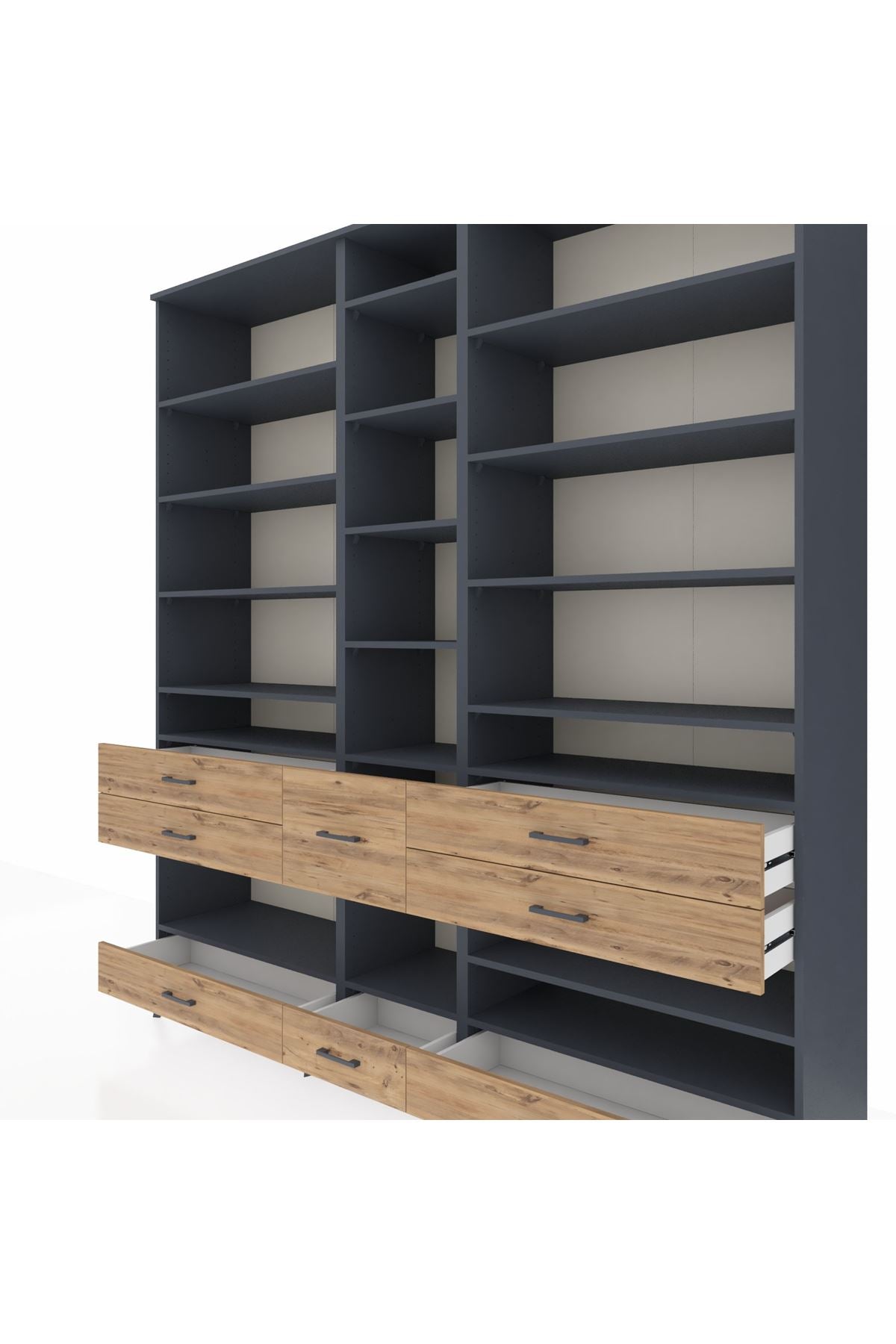 Hyperion Dolap 19 Raflı 8 Çekmeceli 220x44x243 Antrasit-Antrasit/Çam