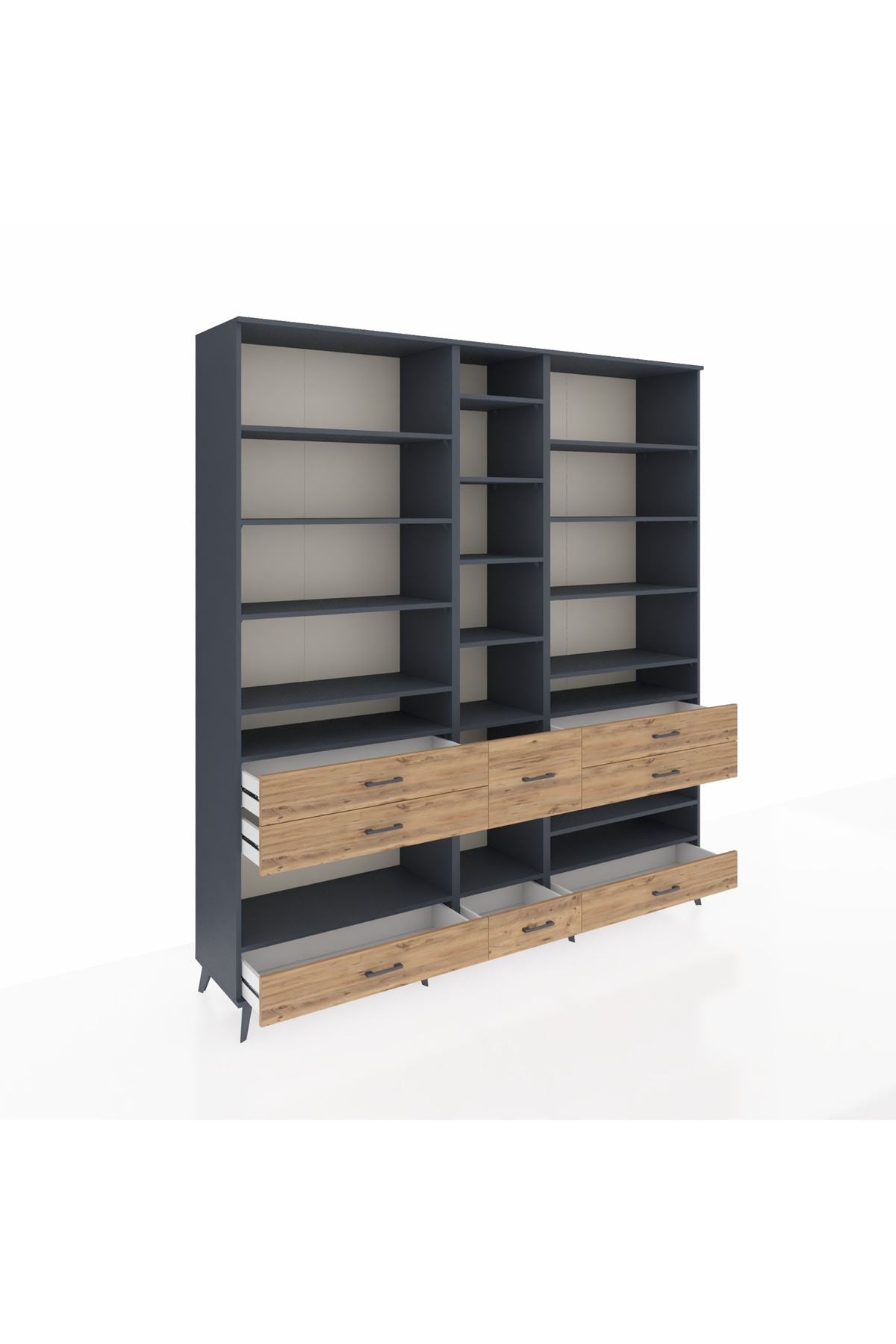 Hyperion Dolap 19 Raflı 8 Çekmeceli 220x44x243 Antrasit-Antrasit/Çam