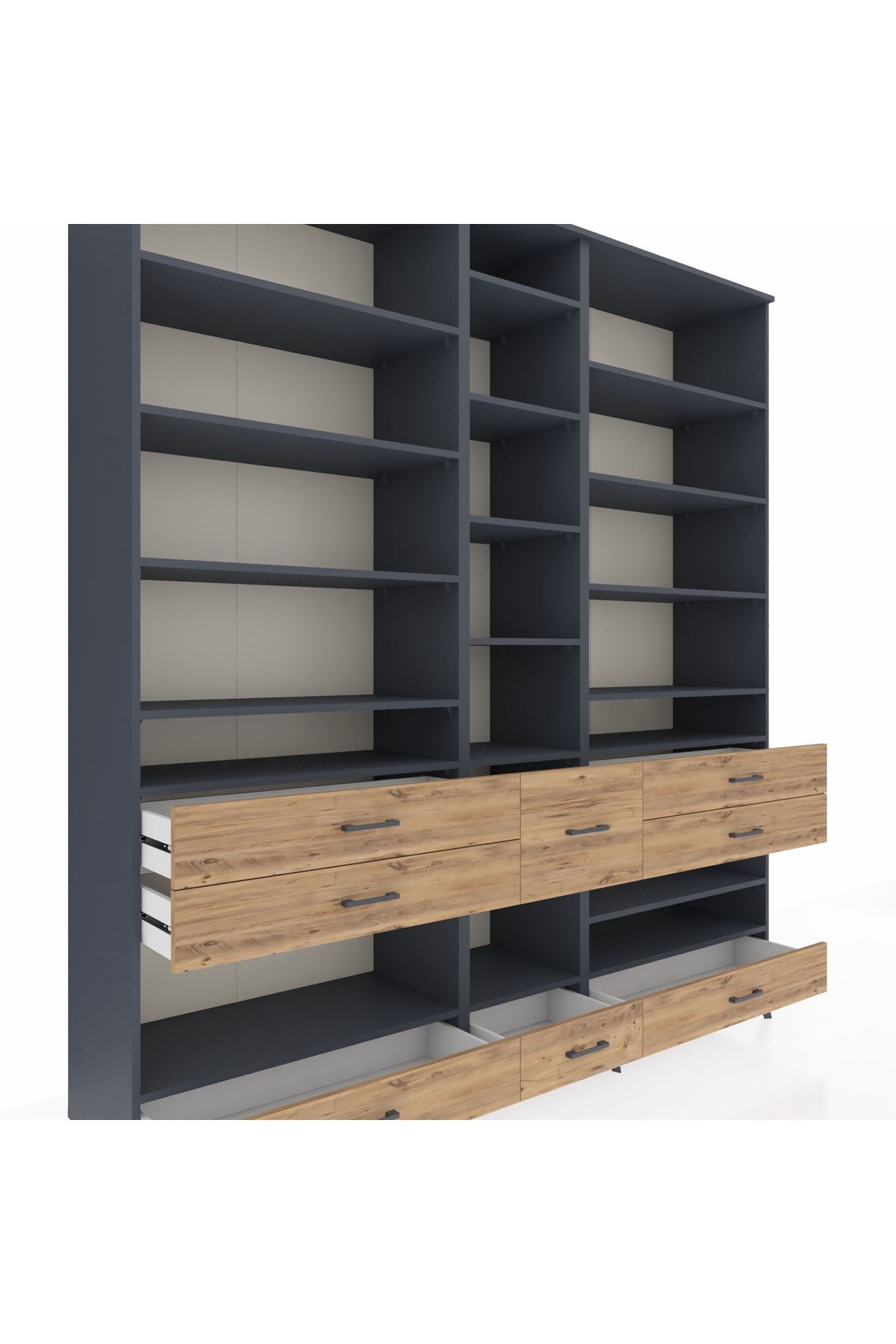 Hyperion Dolap 19 Raflı 8 Çekmeceli 220x44x243 Antrasit-Antrasit/Çam