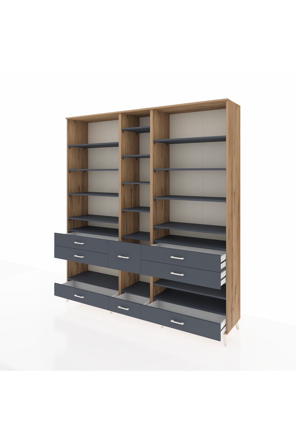 Hyperion Dolap 19 Raflı 8 Çekmeceli 220x44x243 Çam-Antrasit/Antrasit