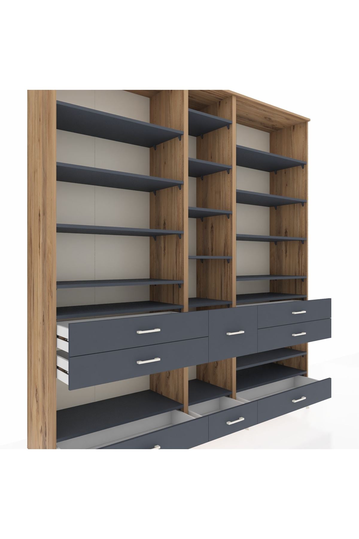 Hyperion Dolap 19 Raflı 8 Çekmeceli 220x44x243 Çam-Antrasit/Antrasit