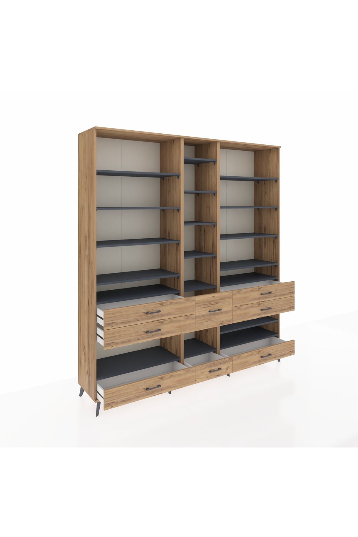 Hyperion Dolap 19 Raflı 8 Çekmeceli 220x44x243 Çam-Antrasit/Çam