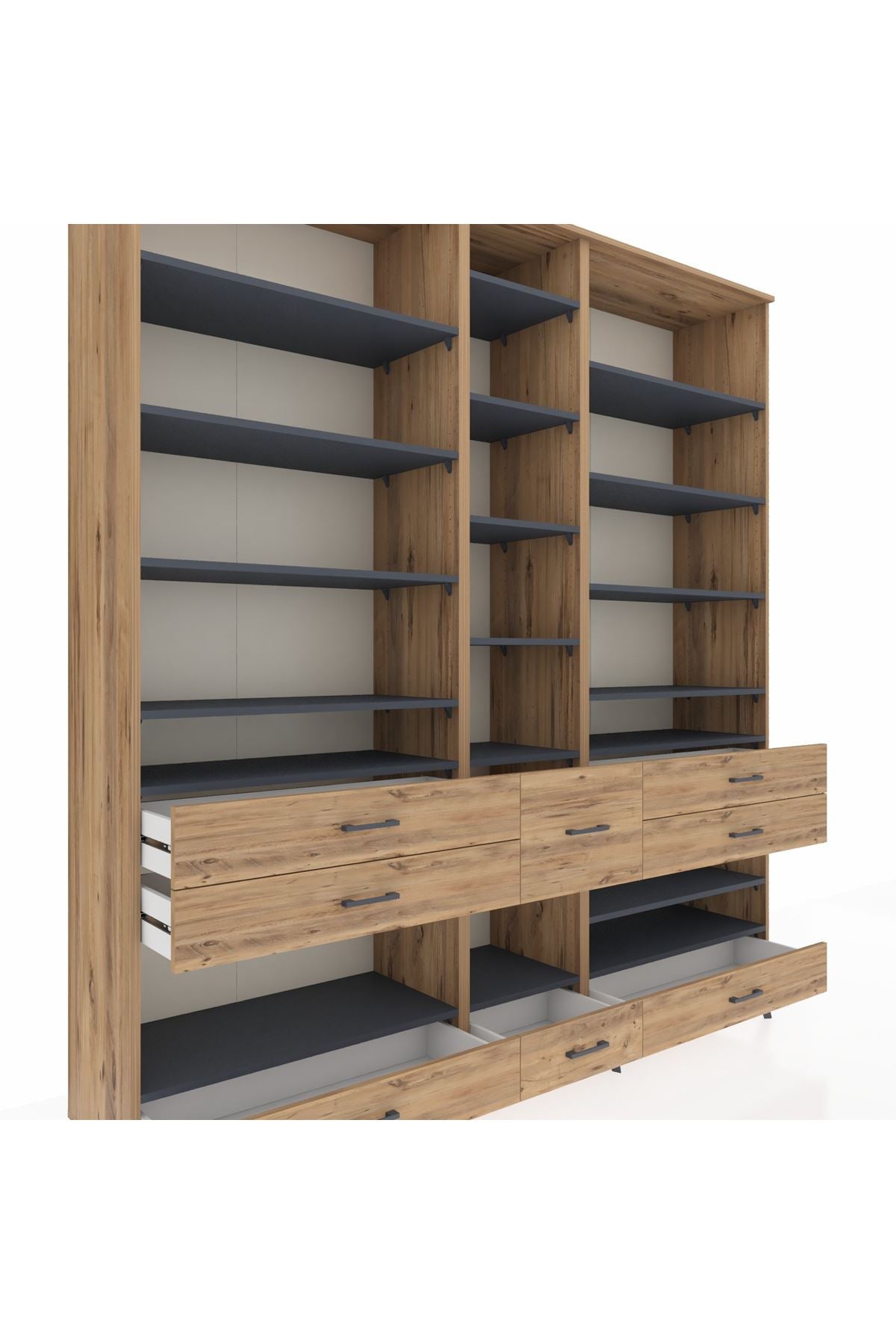 Hyperion Dolap 19 Raflı 8 Çekmeceli 220x44x243 Çam-Antrasit/Çam