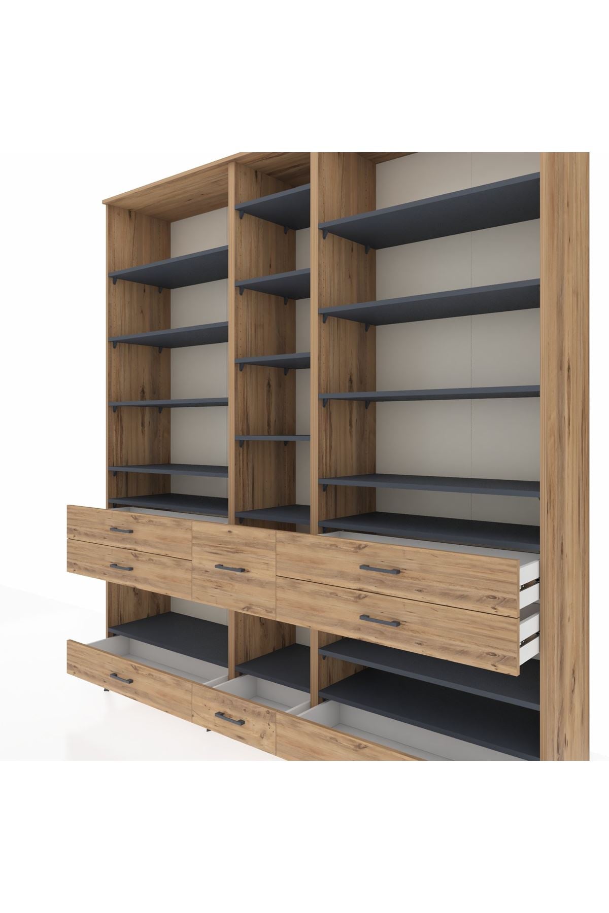 Hyperion Dolap 19 Raflı 8 Çekmeceli 220x44x243 Çam-Antrasit/Çam