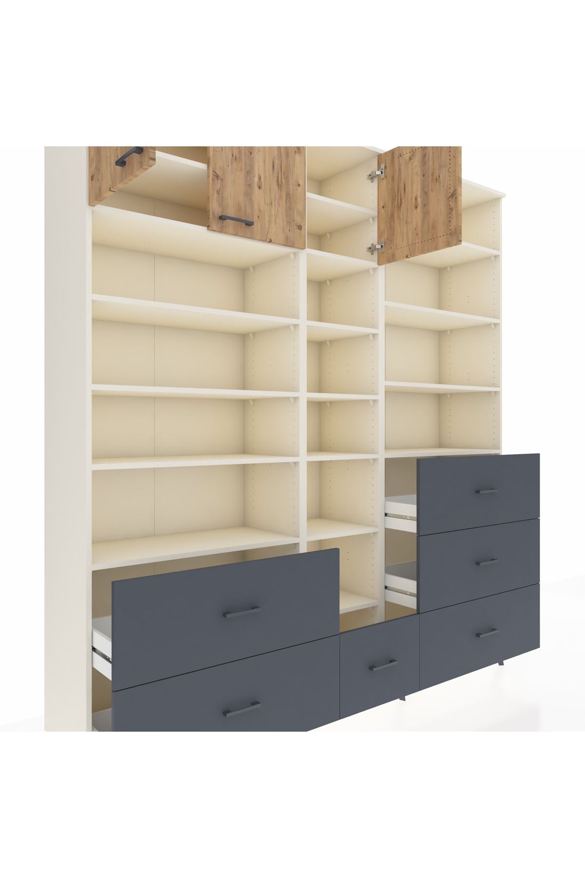 Hyperion Dolap 17 Raflı 6 Çekmeceli 3 Kapaklı 220x44x243 Aytaşı-Çam/Antrasit