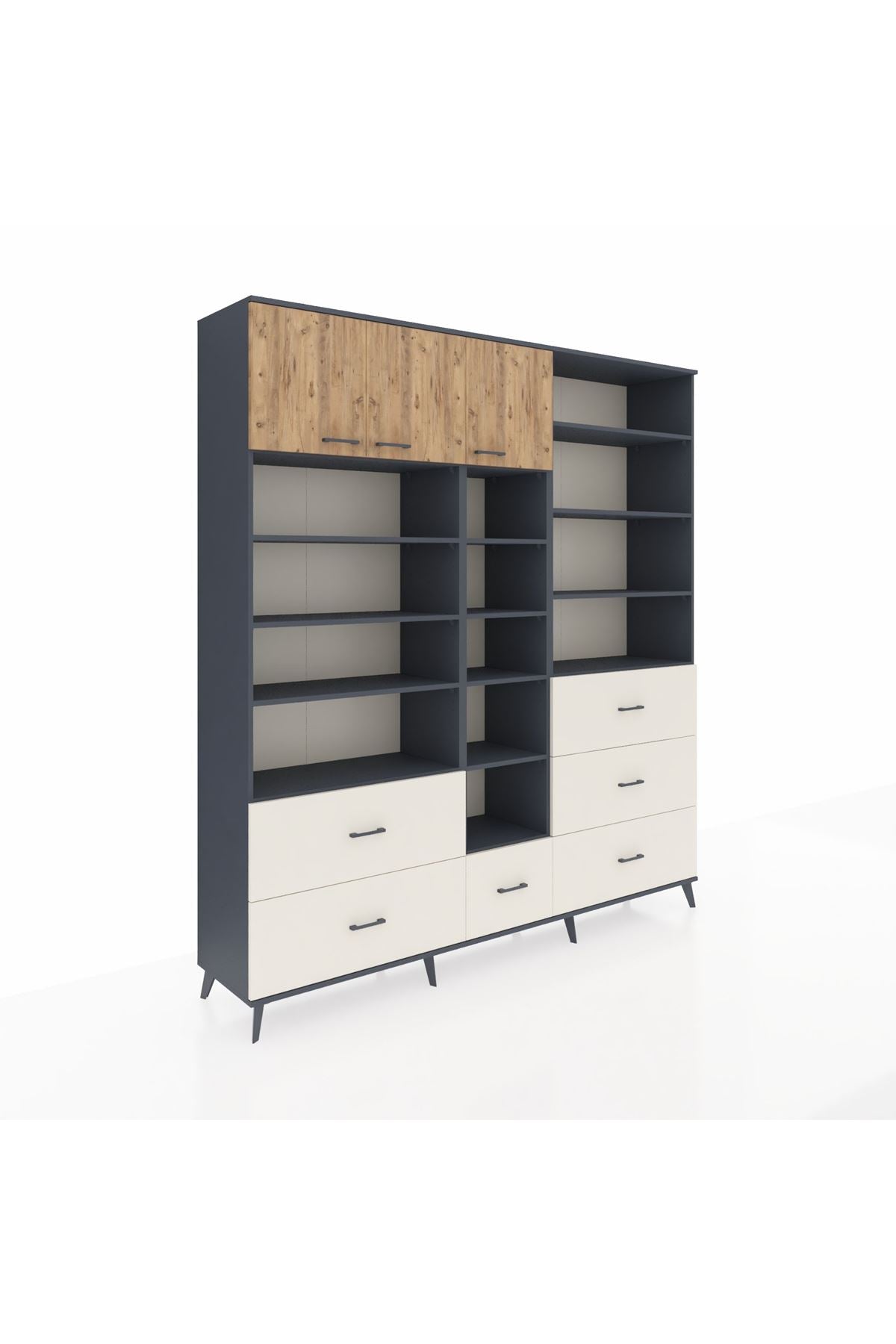 Hyperion Dolap 17 Raflı 6 Çekmeceli 3 Kapaklı 220x44x243 Antrasit-Çam/Aytaşı