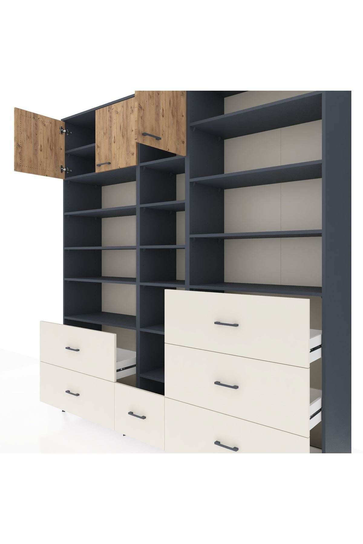 Hyperion Dolap 17 Raflı 6 Çekmeceli 3 Kapaklı 220x44x243 Antrasit-Çam/Aytaşı