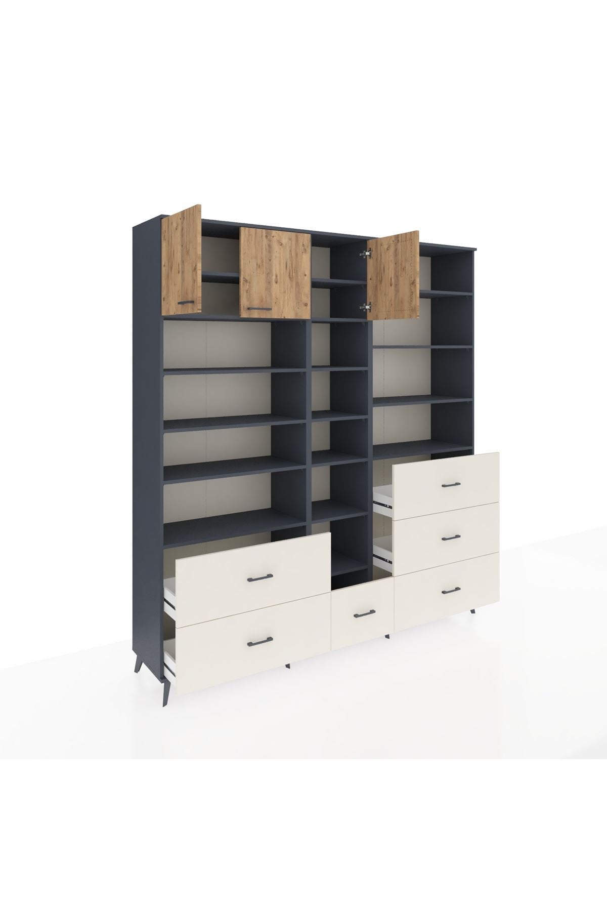 Hyperion Dolap 17 Raflı 6 Çekmeceli 3 Kapaklı 220x44x243 Antrasit-Çam/Aytaşı