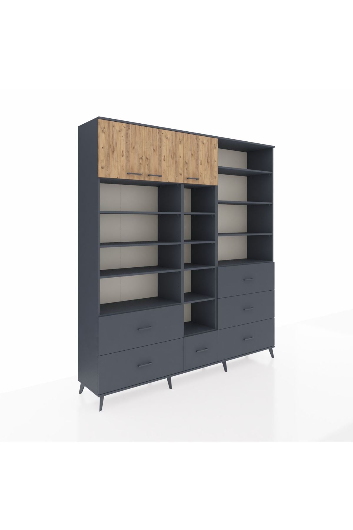 Hyperion Dolap 17 Raflı 6 Çekmeceli 3 Kapaklı 220x44x243 Antrasit-Çam/Antrasit