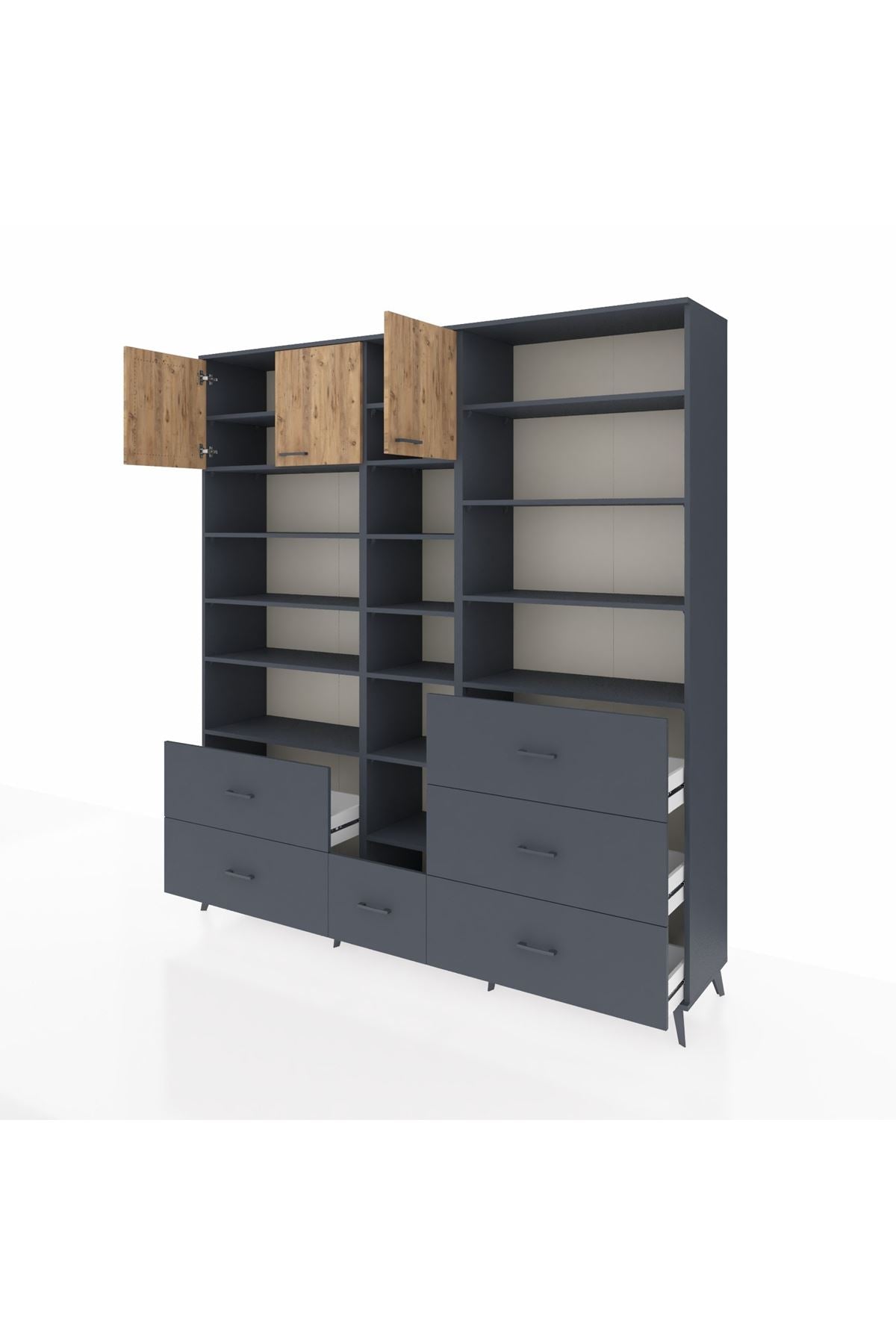 Hyperion Dolap 17 Raflı 6 Çekmeceli 3 Kapaklı 220x44x243 Antrasit-Çam/Antrasit