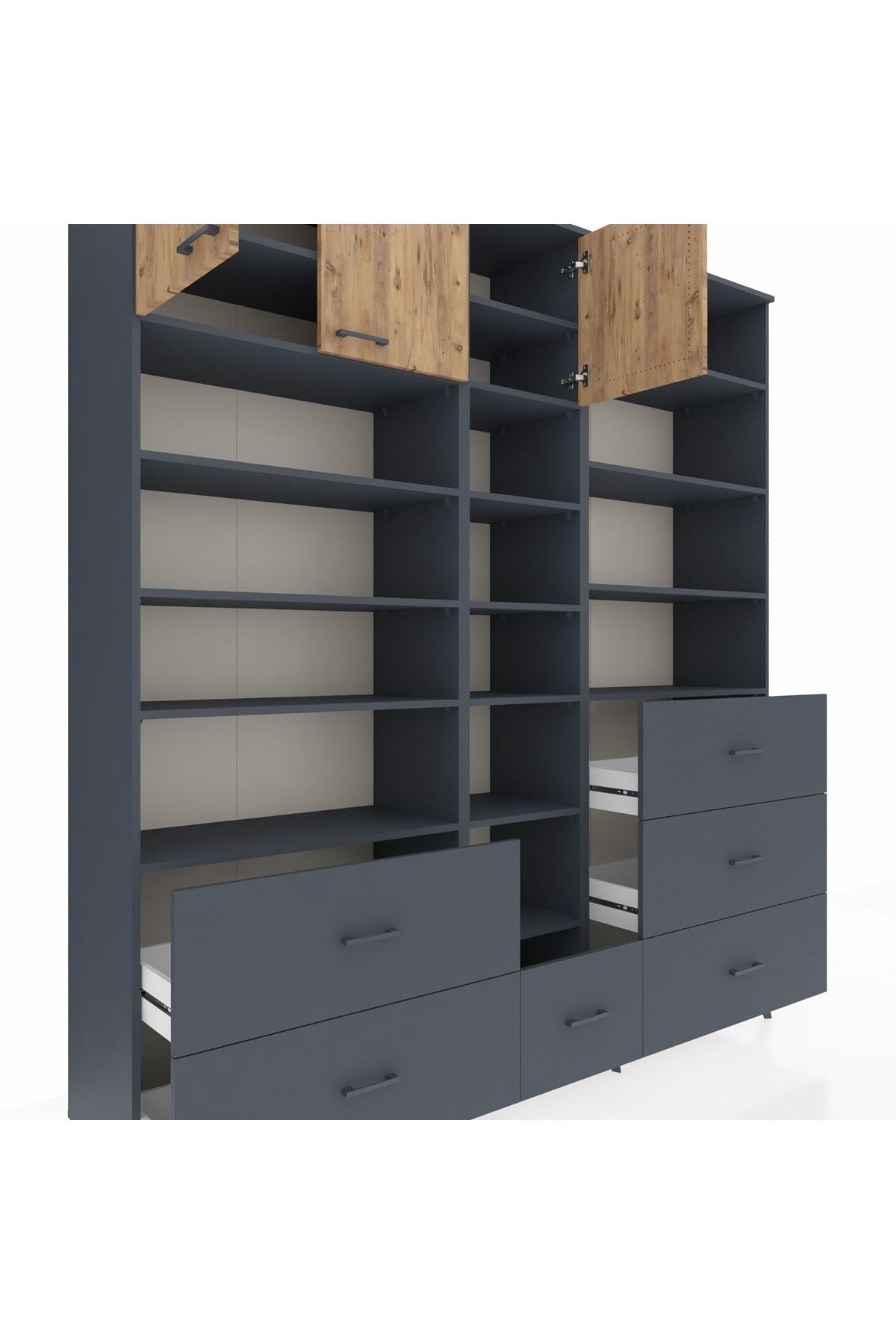 Hyperion Dolap 17 Raflı 6 Çekmeceli 3 Kapaklı 220x44x243 Antrasit-Çam/Antrasit