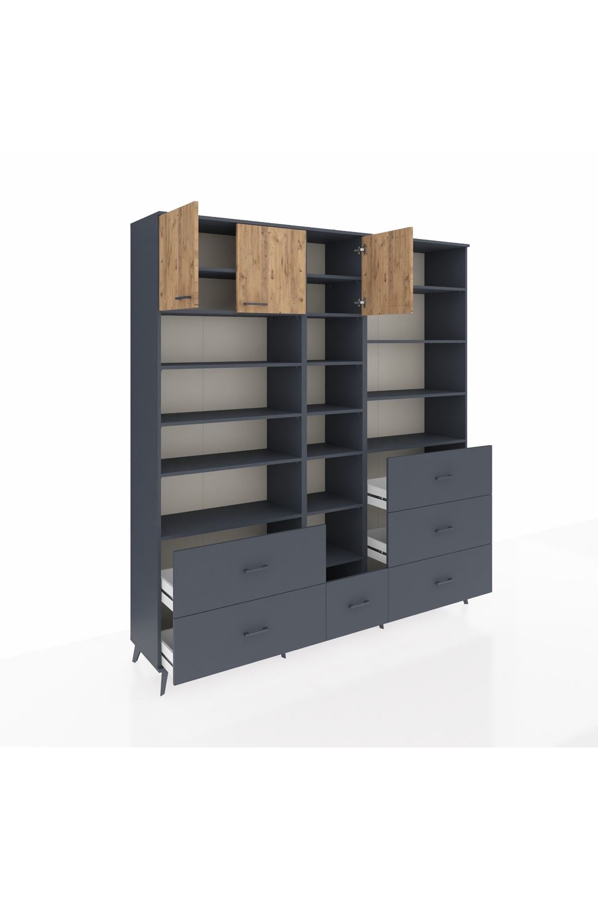 Hyperion Dolap 17 Raflı 6 Çekmeceli 3 Kapaklı 220x44x243 Antrasit-Çam/Antrasit