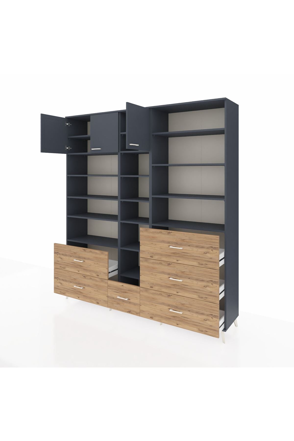 Hyperion Dolap 17 Raflı 6 Çekmeceli 3 Kapaklı 220x44x243 Antrasit-Antrasit/Çam