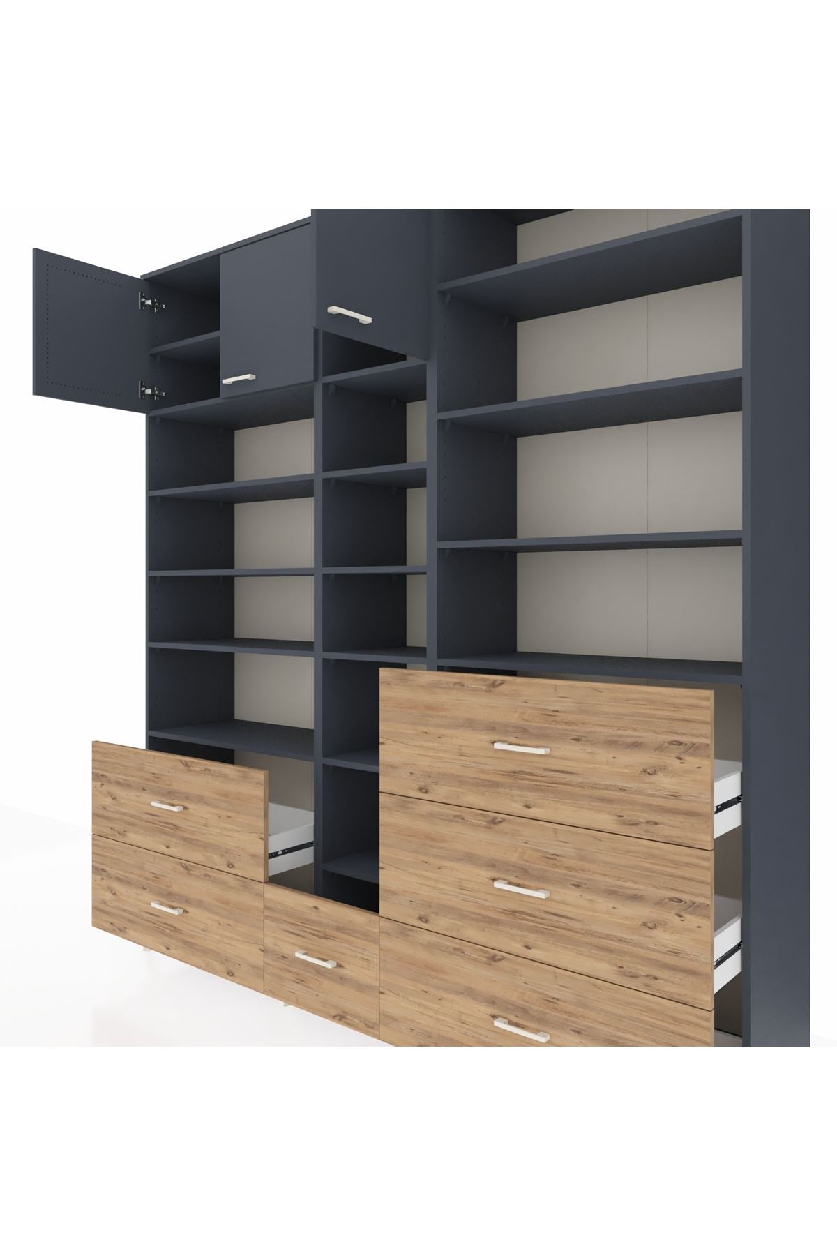 Hyperion Dolap 17 Raflı 6 Çekmeceli 3 Kapaklı 220x44x243 Antrasit-Antrasit/Çam
