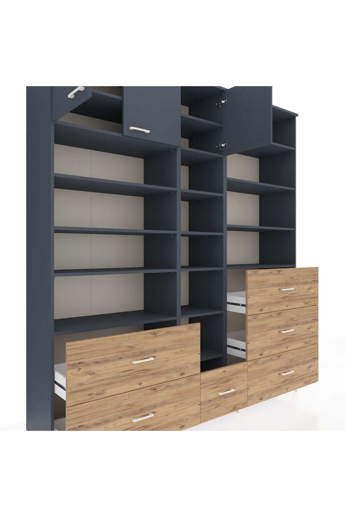Hyperion Dolap 17 Raflı 6 Çekmeceli 3 Kapaklı 220x44x243 Antrasit-Antrasit/Çam
