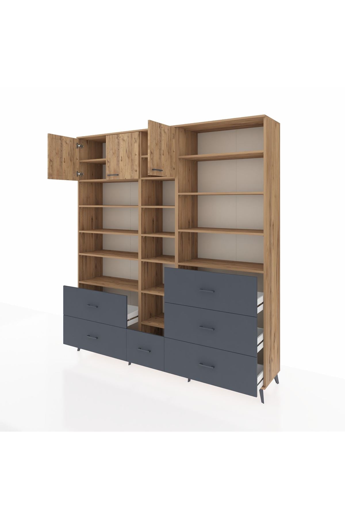 Hyperion Dolap 17 Raflı 6 Çekmeceli 3 Kapaklı 220x44x243 Çam-Çam/Antrasit