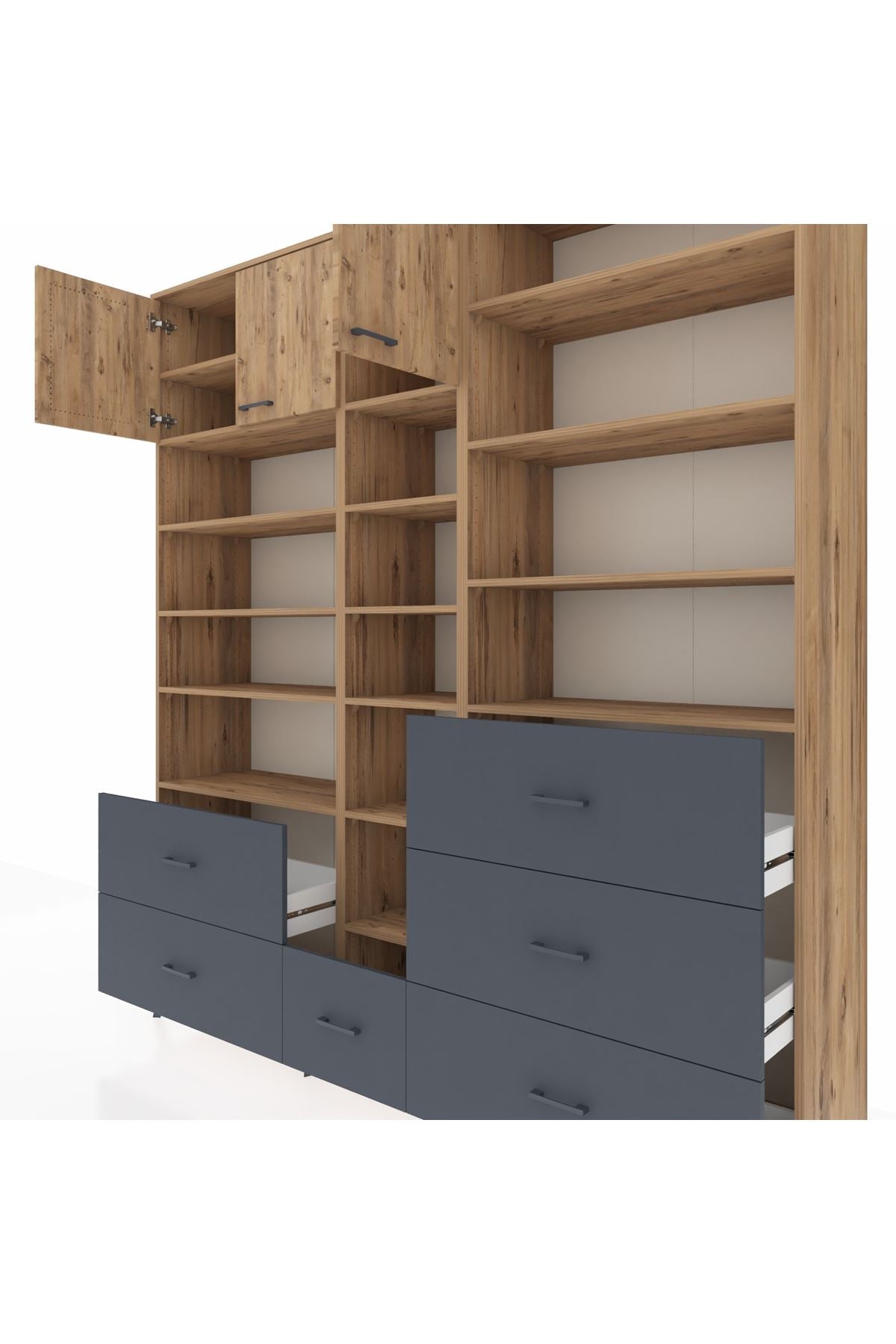 Hyperion Dolap 17 Raflı 6 Çekmeceli 3 Kapaklı 220x44x243 Çam-Çam/Antrasit